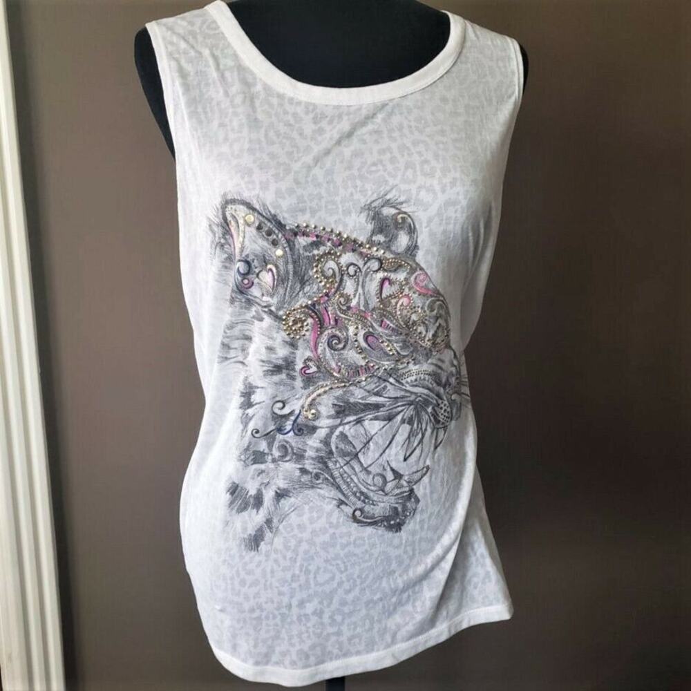 River Island Sleeveless T-Shirt White with Leopard Design Size 14 - New No Tags
